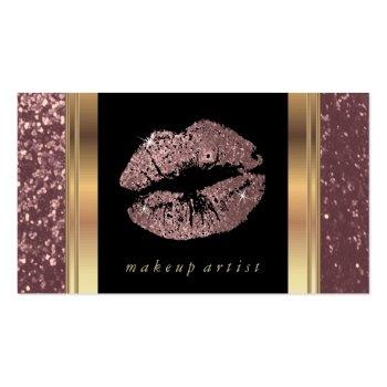 Small Dusty Rose Gold Glitter Lips And Elegant Gold Business Card Front View