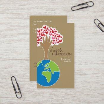 earth's hand and red & pink hearts tree of love business card