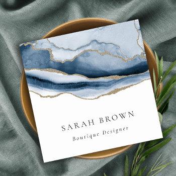 elegant abstract navy blue agate gold watercolor square business card