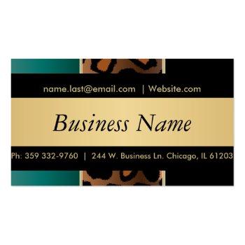 Small Elegant Black, Gold And Teal Leopard Stripes Magnetic Business Card Front View