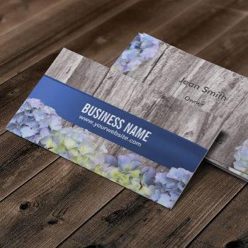 elegant blue hydrangea flowers wood background business card