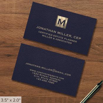 Small Elegant Blue Leather Luxury Gold Initial Logo Business Card Front View
