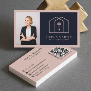 elegant blush & navy professional real estate  business card