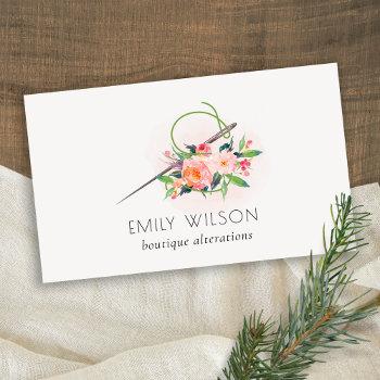 Small Elegant Blush Pink Needle Watercolor Floral Tailor Business Card Front View