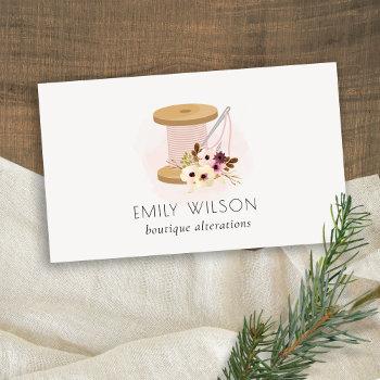 Small Elegant Blush Spool Needle Watercolor Flora Tailor Business Card Front View