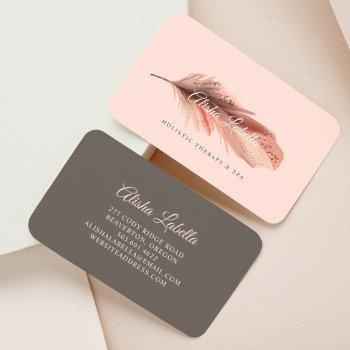 elegant boho brown & blush pink watercolor feather business card