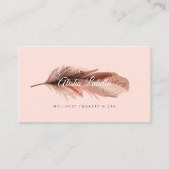 elegant boho brown & blush pink watercolor feather business card