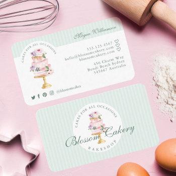 elegant & chic mint watercolor floral cake bakery business card