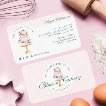 elegant & chic pink watercolor floral cake bakery business card