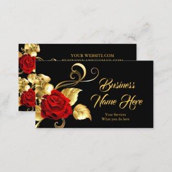 elegant classy red rose black gold leaf business card