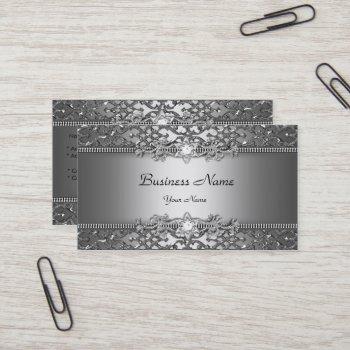 Small Elegant Classy Silver Gray Damask Embossed Look Business Card Front View