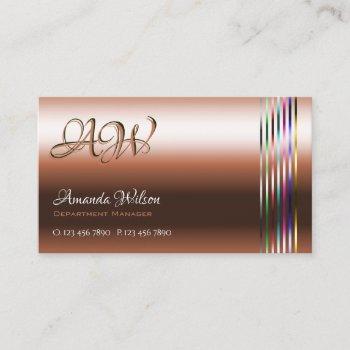 elegant copper and white colorful stripes monogram business card
