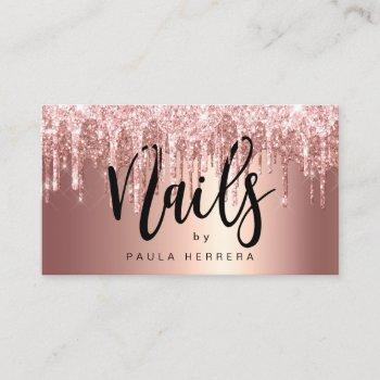elegant copper rose gold glitter drips nails business card
