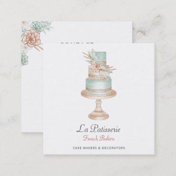 elegant coral  floral wedding cake makers bakery square business card