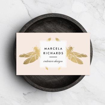 elegant faux gold dragonfly duo on pink business card
