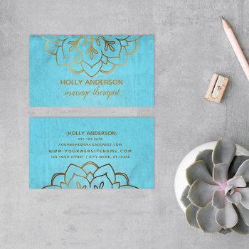 elegant faux gold foil mandala w/ texture & aqua business card