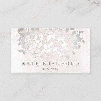 elegant faux silver leaves on white marble business card