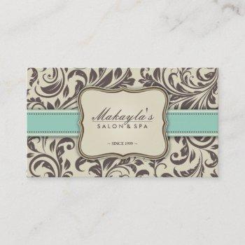 elegant floral damask modern brown, green & beige business card