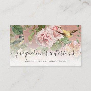 elegant floral vintage birds roses dusty pink business card