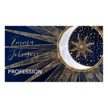 Small Elegant Gold & Blue Sun Moon Mandala Doodles Art Business Card Front View
