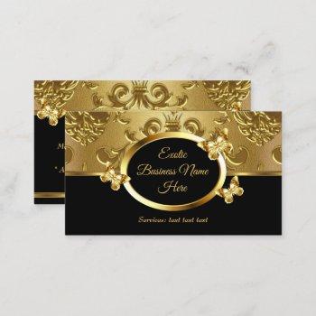 elegant gold damask floral butterflies on black 2 business card