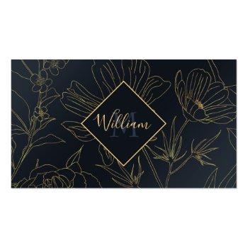 Small Elegant Gold Flowers Outlines Blue Gradient Design Business Card Front View
