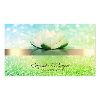 Small Elegant Green Bokeh Gold, Lotus Flower Yoga  Business Card Front View