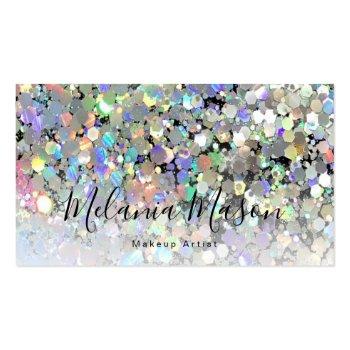 Small Elegant Holographic Glitter Makeup Artist Black Business Card Front View