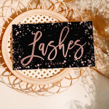 Small Elegant Lashes Script Rose Gold Confetti Splatters Business Card Front View