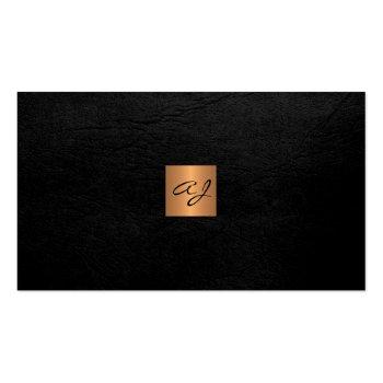 Small Elegant Luxury Black Leather Copper Gold Monogram Business Card Front View