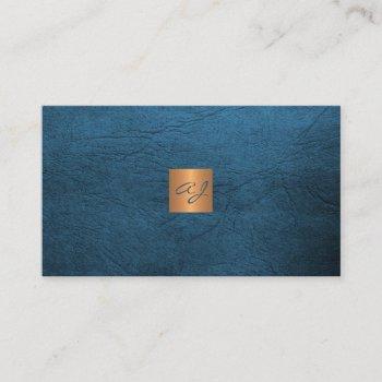 elegant luxury blue leather copper gold monogram business card