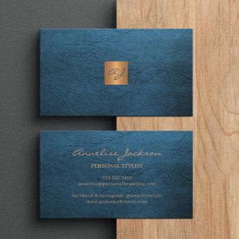 elegant luxury blue leather copper gold monogram business card