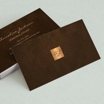 elegant luxury brown leather copper gold monogram business card