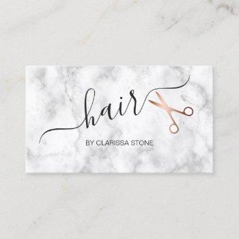 elegant marble & rose gold scissors hairstylist business card