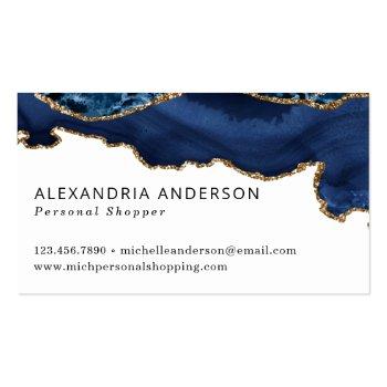 Small Elegant Navy Blue Gold Foil Marble Agate Sparkle Business Card Front View