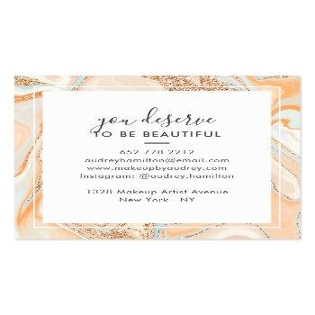 Small Elegant Peach Blue Marble Rose Gold Glitter Makeup Square Business Card Back View