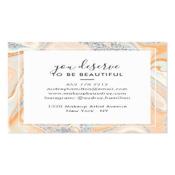 Small Elegant Peach Blue Marble Silver Glitter Makeup Square Business Card Back View