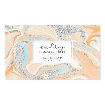 Small Elegant Peach Blue Marble Silver Glitter Makeup Square Business Card Front View