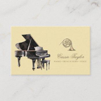 Small Elegant Piano French Horn Musician Music Teacher  Business Card Front View