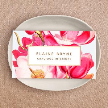 elegant pink magnolia watercolor floral  business card