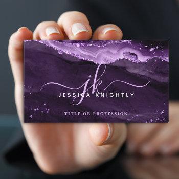 elegant purple agate glitter script monogram business card