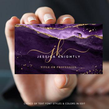 elegant purple agate gold glitter script monogram business card