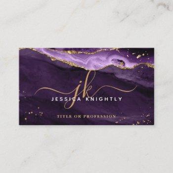 elegant purple agate gold glitter script monogram business card