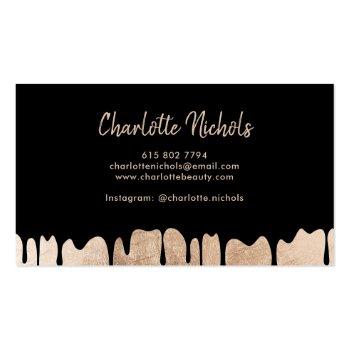 Small Elegant Rose Gold Foil Drips Name Script Makeup Business Card Back View