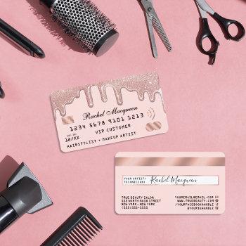 elegant rose gold glitter drips pink credit business card