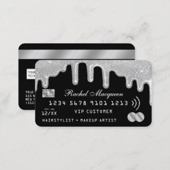 elegant silver glitter drips black credit business card