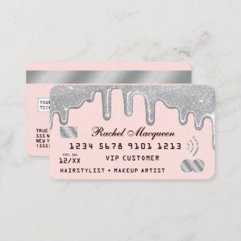 elegant silver glitter drips pink credit business card