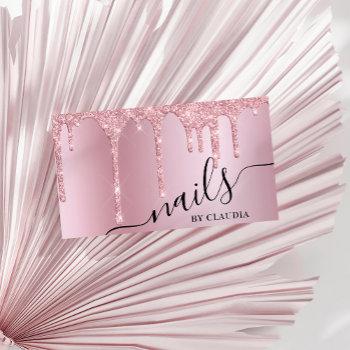 elegant stylish pink rose gold glitter drips nails business card