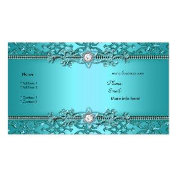Small Elegant Teal Blue Damask Embossed Look Business Card Back View