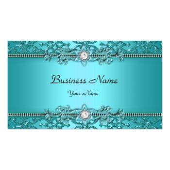 Small Elegant Teal Blue Damask Embossed Look Business Card Front View